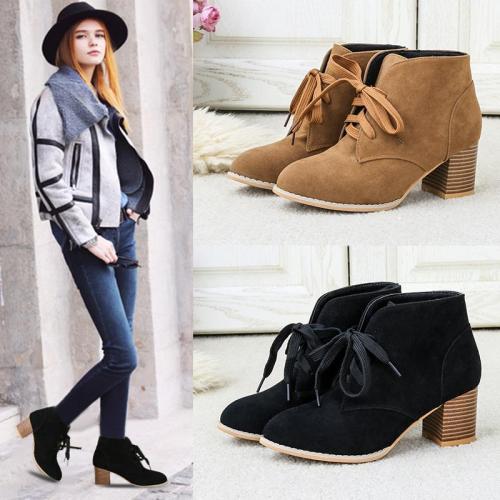Plus Size 35-43 High Heels Women Ankle Boots Lace Up Office Work Shoes Faux Suede Bare boots 2020 Winter botas mujer Female 7818