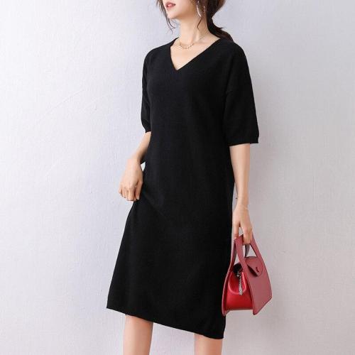 short sleeves wool dress soft warm sweater for womens spring pullover v neck solid fashion casual female knitting long dresses