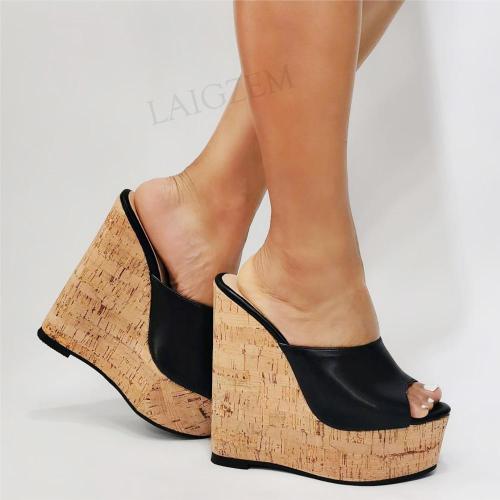 DOBANER FASHION Women Slides Platform Wedges Height Increase Sandals Faux Leather Shoes Woman Pumps Large Size 43 45 47 50 52