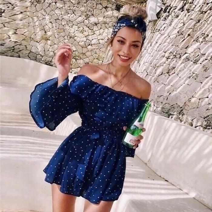 Eva Hernandez, new fashion and elegant ladies dress off shoulder long sleeve polka dot ruffled short dress sexy slim lace dress