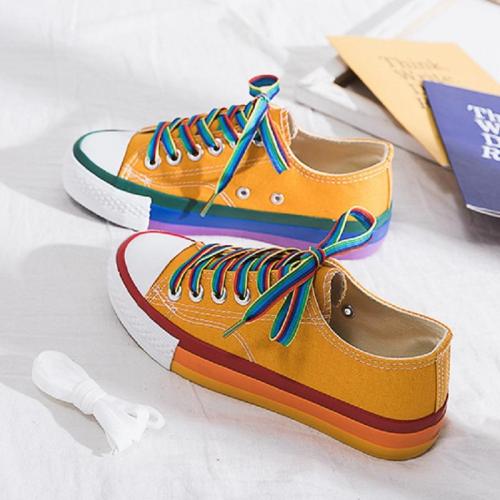 SWYIVY Rainbow White Shoes Woman Canvas Sneakers With Color Lace 2021 Spring New Female Casual Sneakers Platform Shoes White