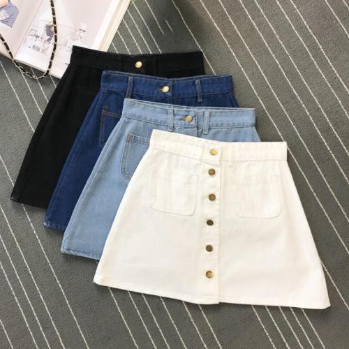 Single Button Denim Jeans Skirts Summer Korean Vintage Denim Skirts Women Pockets Short Mini Skirt Sexy High Waist Blue A-Line