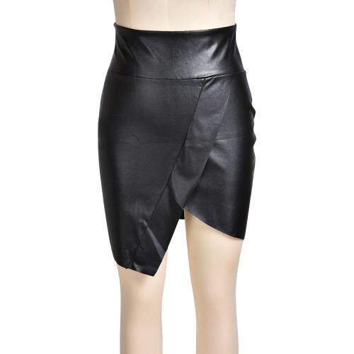 2020 Summer Black PU Leather Skirt Women Sexy High Waist Bodycon Surplice Wrap Skirt Office Ladies Asymmetrical Club Party Skirt