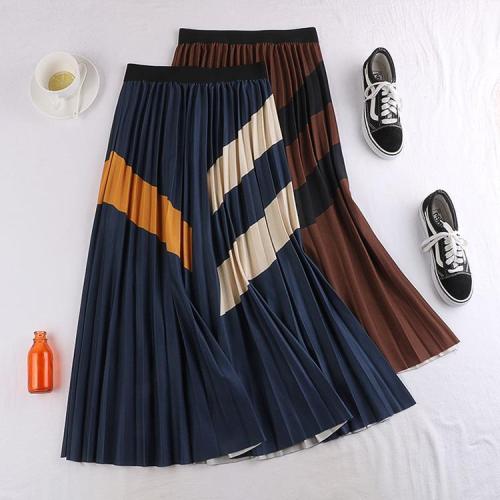 2020 Autumn New Arrival 3 Color A-line Temperament Color Matching Collage Skirt Cotton Pleated Skirt Striped Skirt Free Shipping