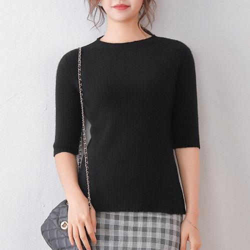 wool shirt women black knitted pullover hollow female shirt half sleeves spring fashion tops round neck short slim pullover