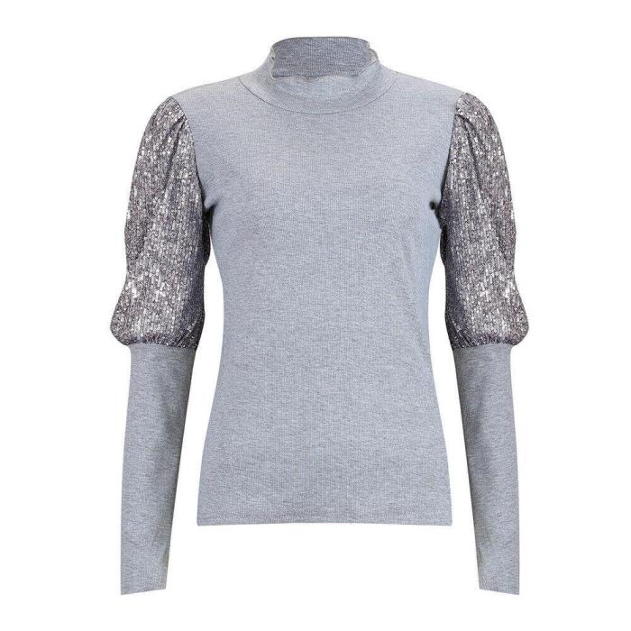 Autumn winter 2020 women sweaters and pullovers sequined puff sleeve knitted sweater pullover female grey slim jumpers tops