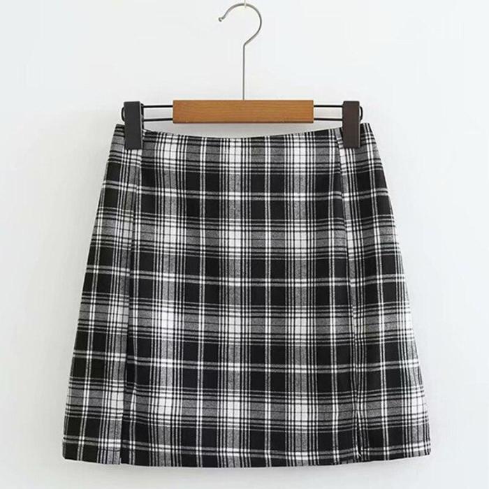 Foridol black plaid skirt with slit women vintage checkered split mini skirt high waist bodycon black and white skirt faldas