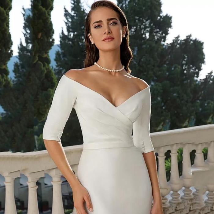 Eightree V Neck Off the Shoulder Mermaid Wedding Dress 2020 Ivory/White Half Sleeves Bride Long Dress Chapel Train  Trumpet Gown