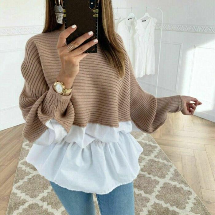 High Quality Fashion Patchwork Casual Women's Clothing Female Solid O-Neck Long Sleeved Knitted Sweater Women Soft Pullovers