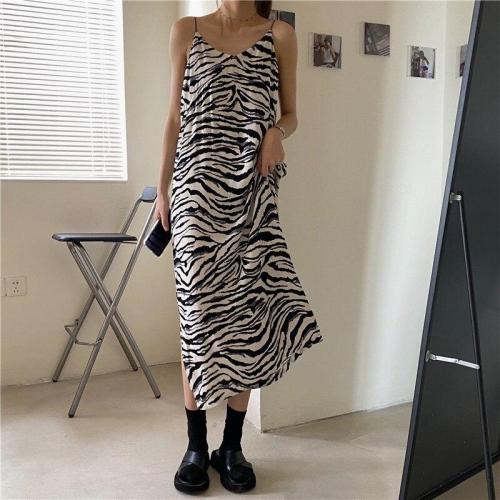 Autumn Summer Women Dresses French Casual Split Retro Zebra-Stripe Print Dress Office Lady Slim V-neck Strap Long Dress Vestido