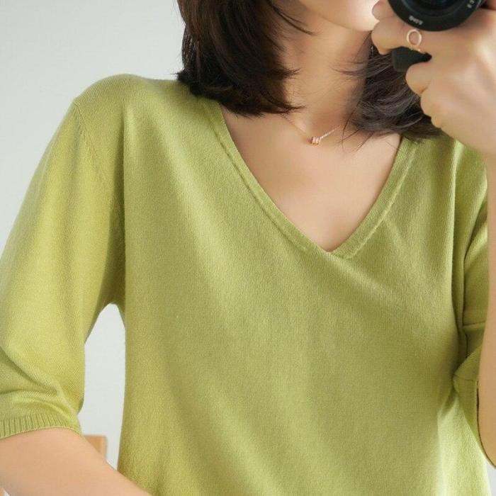 womens  shirt tops halfsleeves knitting shirts v-neck soft warm basicshirt short fashion pullover solid casual thin Tees