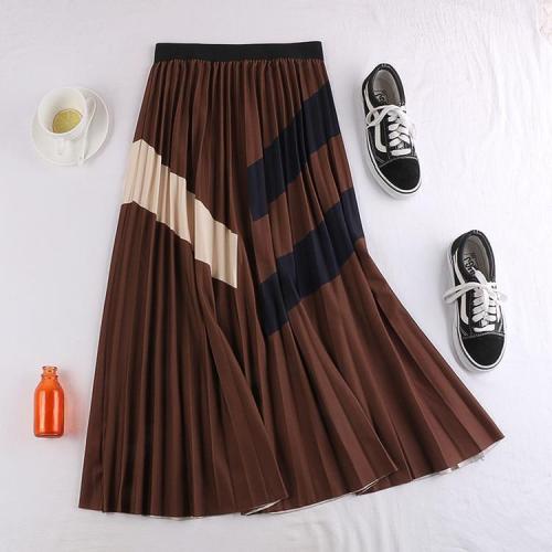 2020 Autumn New Arrival 3 Color A-line Temperament Color Matching Collage Skirt Cotton Pleated Skirt Striped Skirt Free Shipping