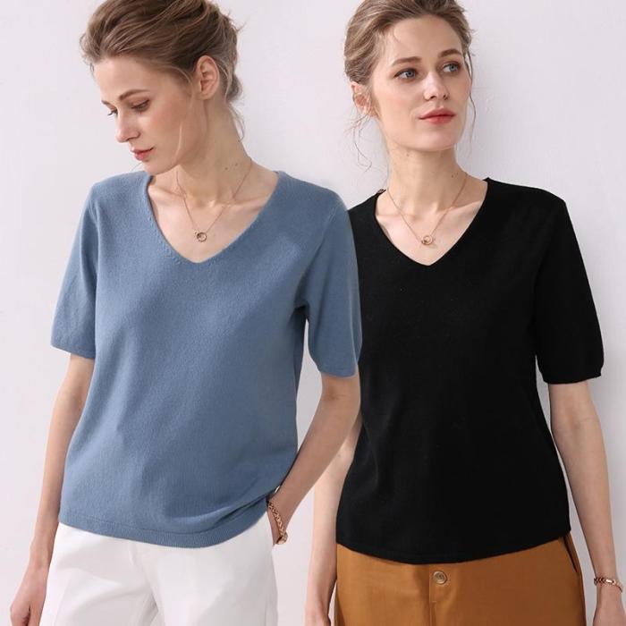 autumn women T-Shirts short sleeves V-neck summer short casual solid fashion female knitting sweater tops tees