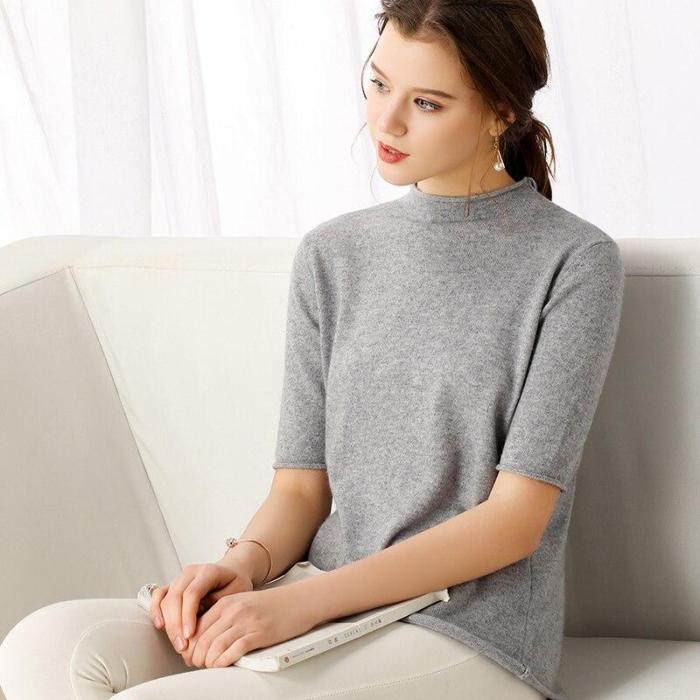 Women sweater half sleeves half turtleneck solid 35% real Cashmere  fashion female pollover female spring autumn clothes crimp