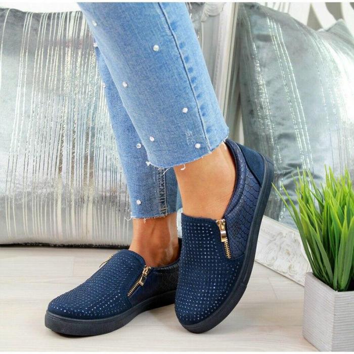 Flat Women's Shoes Mental Zipper Rhinestone Slip-on Ladies Breathable Women Footwear Sturdy Sole Nonslip Casual Shoes Women