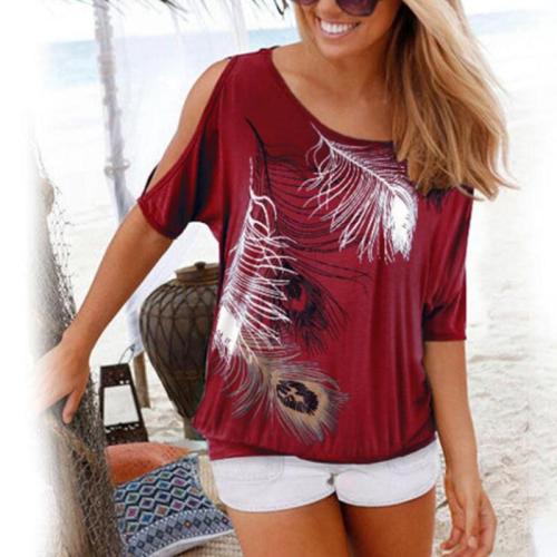 2020 Women Casual Summer T Shirt Short Batwing Sleeve Loose Tops Cold Shoulder Feather Print Tee shirt Plus Size T-Shirt
