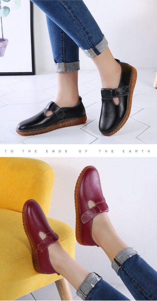 Genuine Leather Flat shoes women Hollow Breathable Ladies shoes Hook Loop Sturdy Sole Casual shoes Rubber Nurse Shoes for girls