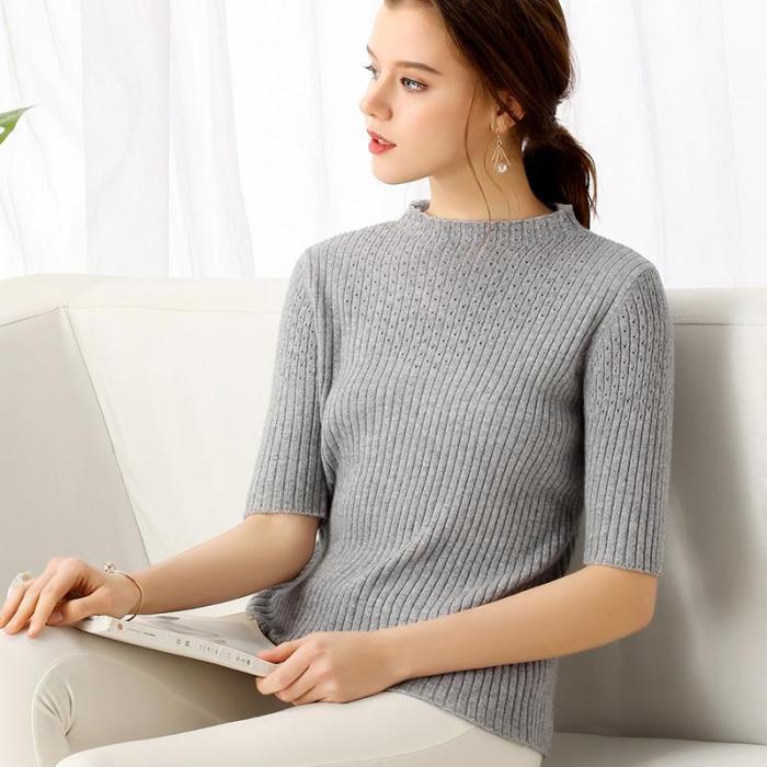 Fashion Women knitting pollover autumn hollow pattern half sleeves O-neck solid 35% real Cashmere sweater ladies Tops