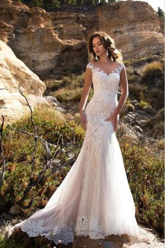 Eightree Mermaid/Trumpet Train Illusion Bridal Gown Dress Sleeveless Double Shoulder Appliqued Lace Wedding Dresses 2020 White