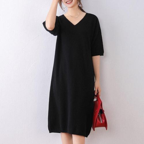 short sleeves wool dress soft warm sweater for womens spring pullover v neck solid fashion casual female knitting long dresses