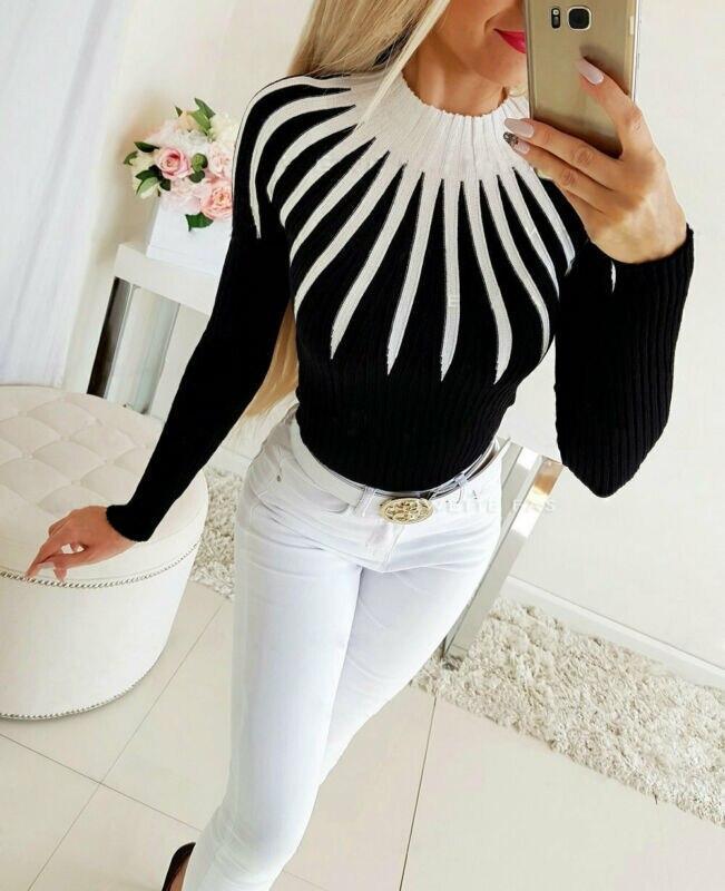 2020 New Women Warm Winter Sweater Long Sleeve Tight Fit Casual Print Color Matching Turtleneck Sweater Ladies Vintage Sweaters