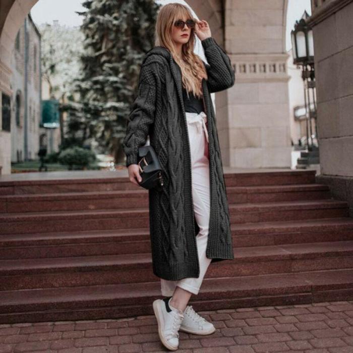 Winter Clothes Women Causal Solid Open Stitch Long Female Sweater Knitted Cardigans Oversized Loose Hooded Thick Outwear new