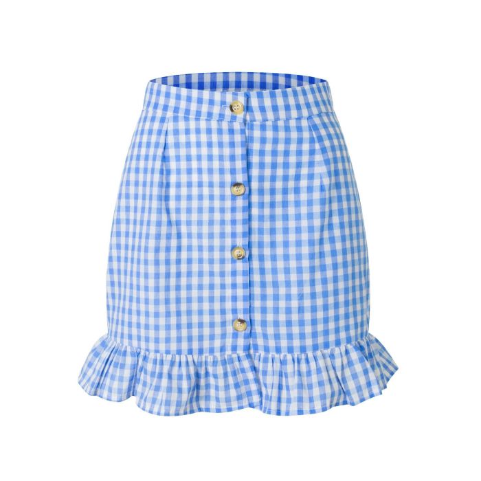 Foridol Button Check Blue Skirt Women High Waist Cotton Plaid Ruffle Skirt Bottom Elegant Office Gingham Skirt Female Mini Skirt