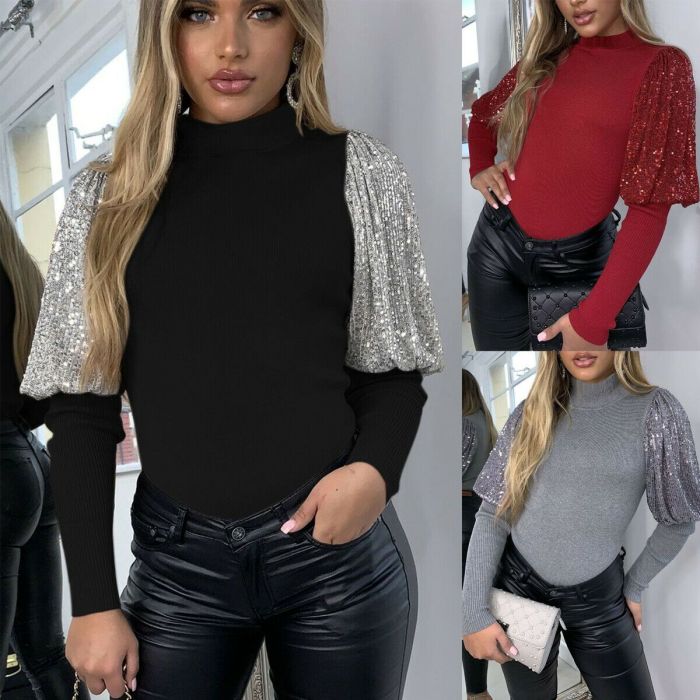 Autumn winter 2020 women sweaters and pullovers sequined puff sleeve knitted sweater pullover female grey slim jumpers tops