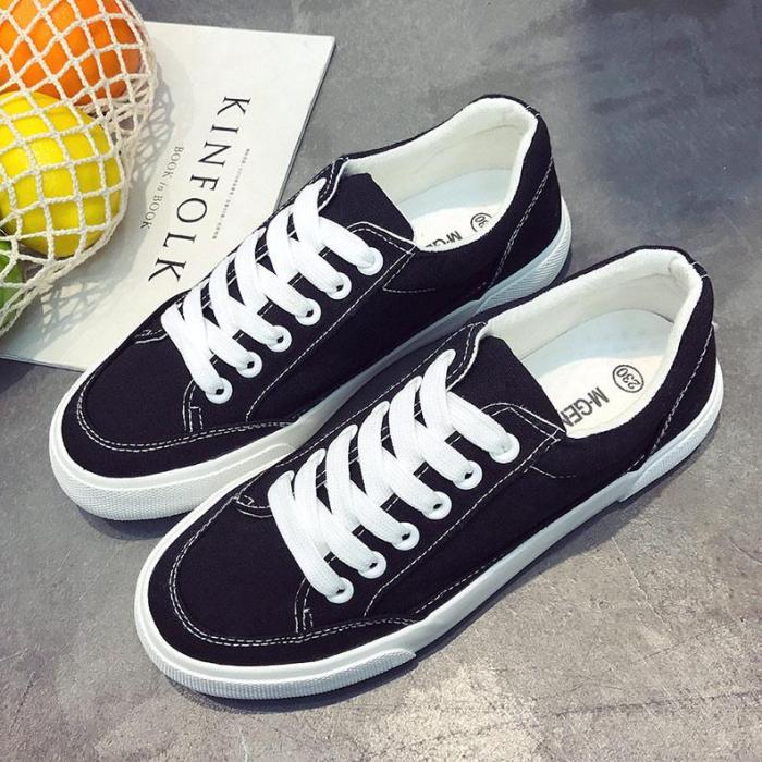 Women sneakers 2020 new arrivals fashion lace-up black/white women shoes solid sewing shallow casual canvas shoes women