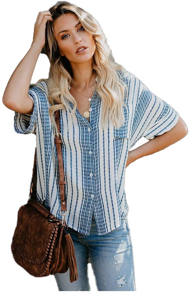 Womens Casual V Neck Striped Collared Roll-up Long Sleeve Button Down Blouses Shirts Top with Pockets