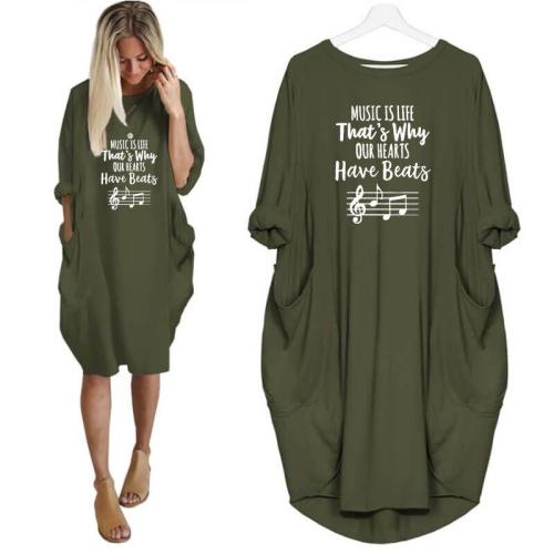 Music Is Life Music Note Print Pocket Dress Female Harajuku Long Sleeve Graphic Lover Gift Vintage Sexy Dress Women Hollow Femme