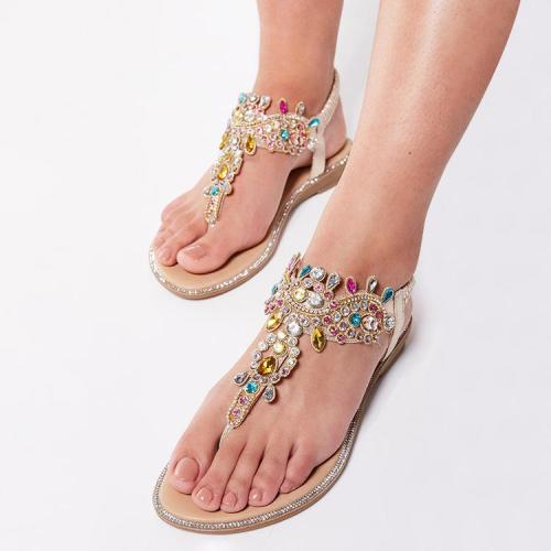 2021 Summer Models Sandals Colored Diamond Beach Sandals Round Toe Flat Shoes Casual Large Size Sandals