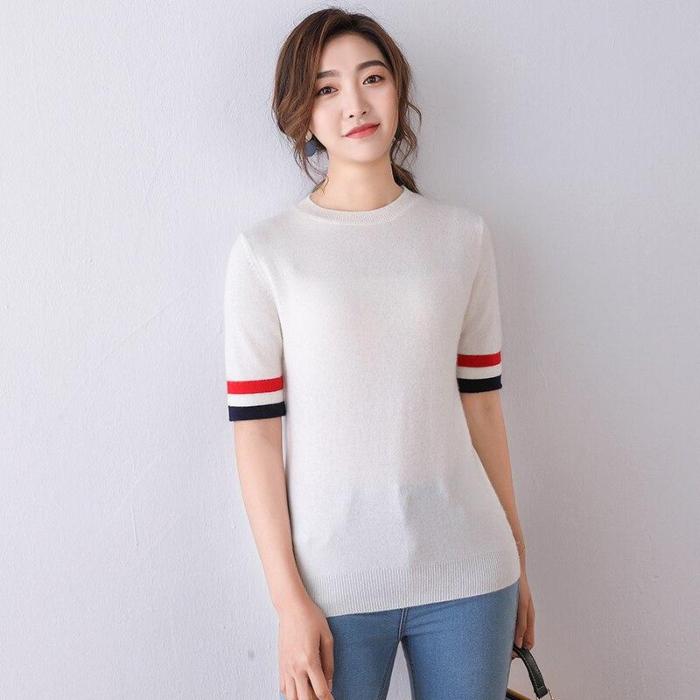 female shirt white knitted pullover short sleeves spring warm fashion women tops round neck short casual wool