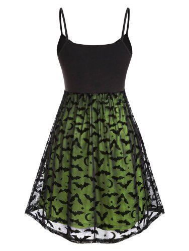 ROSEGAL Gothic Dress Plus Size Women Halloween Bat Mesh Insert Neon Dress Vestidos Femme Spaghetti Strap A-Line Sexy Party Dress