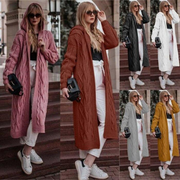 Winter Clothes Women Causal Solid Open Stitch Long Female Sweater Knitted Cardigans Oversized Loose Hooded Thick Outwear new