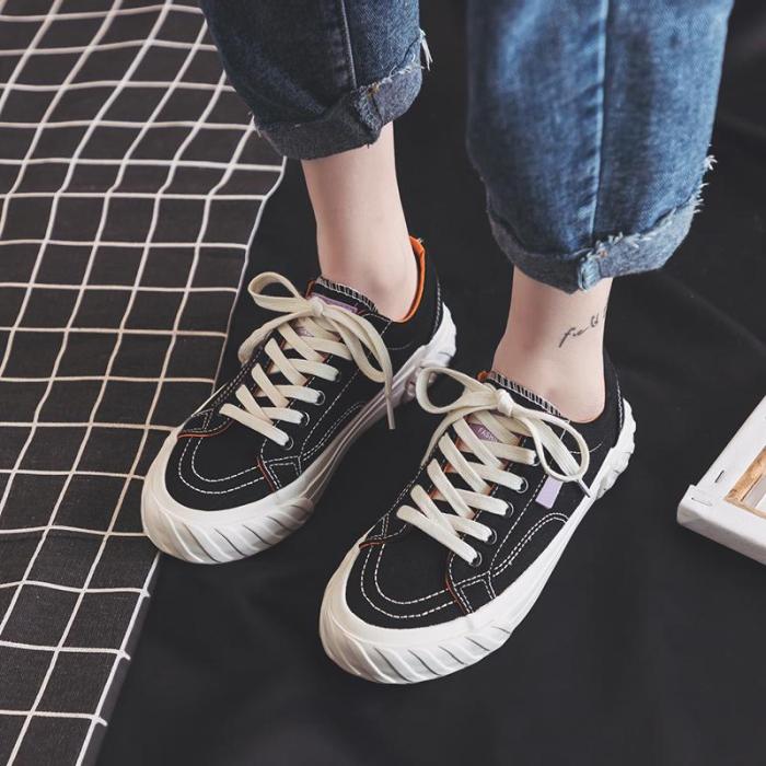 women stylish sneakers 2020 spring new candy color lady chic shoes ins trend black canvas shoes lace up thick bottom beige 35-40