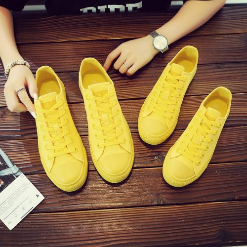 Women Yellow Sneakers Girls White Canvas Shoes Low Top Lace Up Flat Heel Good Quality Female Black Trainers Simple Style 35-40