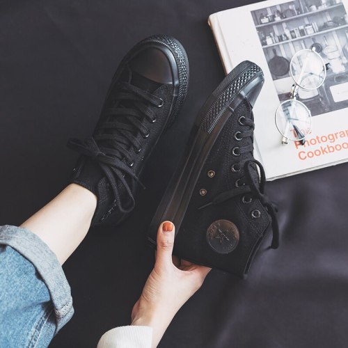 Women Canvas Shoes All Black High Top Sneakers Low Top Casual Shoes Pure Black Lace Up Flat Heel All Match Basic Style 35-40