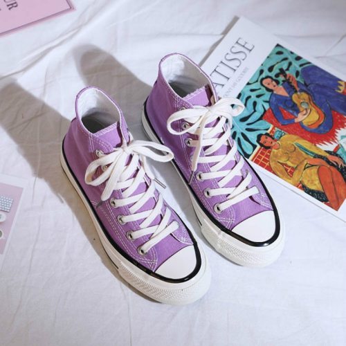 Girl Shoes Casual Lavender Light Purple Beautiful Sneakers All Match Solid Color Lace Up Flat Heel Canvas Shoes Students 35-40