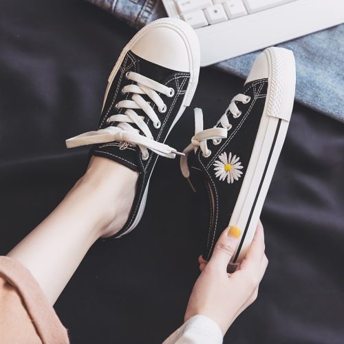 Girls Canvas Shoes Women's Sneakers 2021 Spring Summer New Style All-match Ins Fashion Daisy Lazy White Shoes Half Slippers