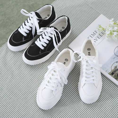 M.GENERAL Women White Shoes Canvas Female Black Shoes All Match Solid Color Casual Sneakers Lace Up Fresh Style Flat Size 35-40