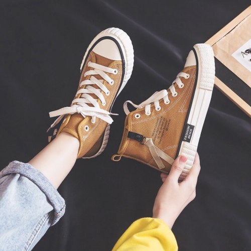Women Canvas Shoes 2021 Spring New Girl Casual Shoes Flat Heel High Top Zipper Solid Color High Quality Sneakers Students Khaki