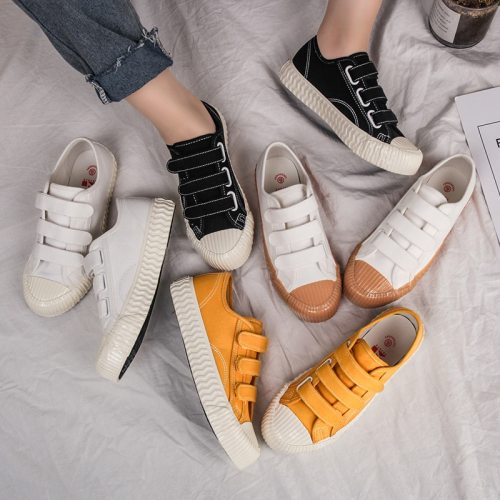 Women Biscuit Shoes Canvas Cloth Sneakers Solid Color 35-40 All Match Casual Shoes Hook Loop Fastners Flat Heel Good Quality