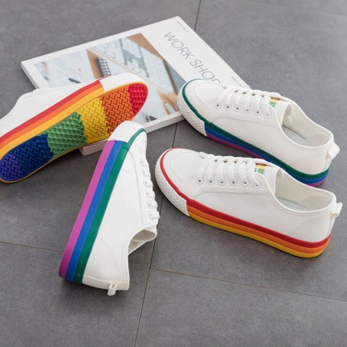 Rainbow Shoes Girls Non-slip Casual Shoes Colorful Sneakers Flat Heel Low Lacing 2021 Spring New Cloth Shoes 35-40 Good Quality