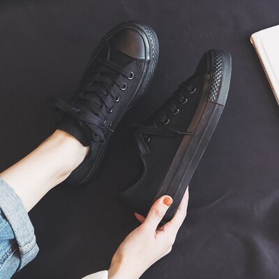 Women Canvas Shoes All Black High Top Sneakers Low Top Casual Shoes Pure Black Lace Up Flat Heel All Match Basic Style 35-40