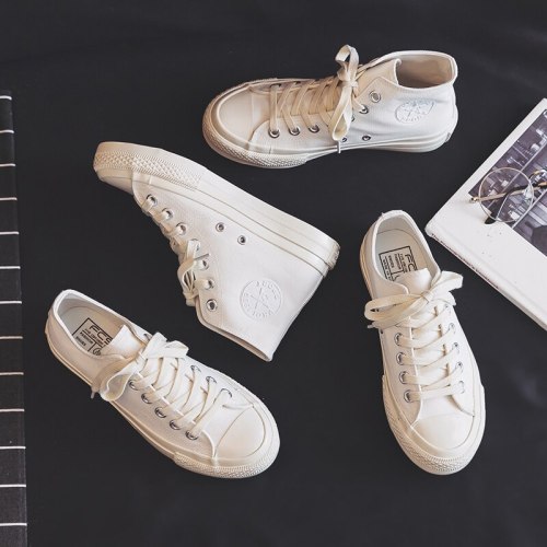 Women White Shoes Girls White Sneakers Lace Up Flat Heel Canvas Shoes Morning Frost White All Match Gumshoes Basic Concise Style