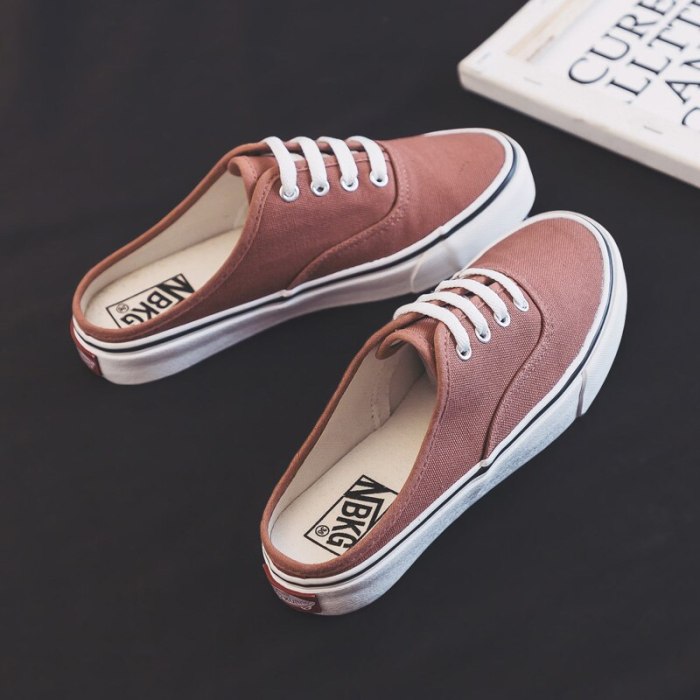 Women Half Slippers Girls Canvas Shoes Semi-slipper Candy Color Orange Shoes Casual Leisure Skateboard Shoes White Sneaker 35-40