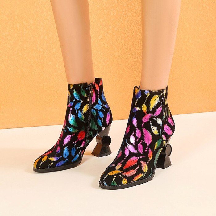 2020 European and American style colorful graffiti High heel short boots warm round head women's boots cotton shoes 34-43