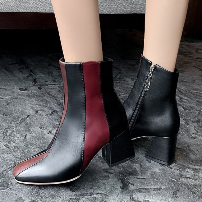 2020 Autumn new color matching women's boots square toe thick-soled high-heeled fashion boots elegant and versatile women's shoe