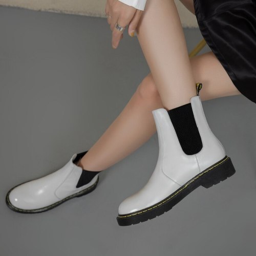Waterproof PU Leather Platform Ankle Boots Women Fashion Zip Boot Casual Flat Heels Winter White Shoes Woman 36 37 38 39 40 41